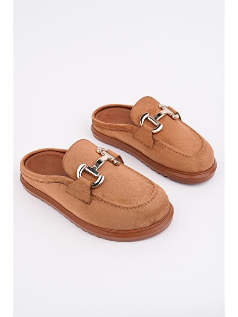 Muggo CARLEEN Süet Deri Gold Tokalı Günlük Rahat Önü Kapalı Kadın Loafer Terlik