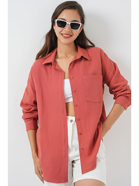 Bigdart Kadın Tek Cepli Oversize Müslin Gömlek 20353 - Somon - S000421873-24085