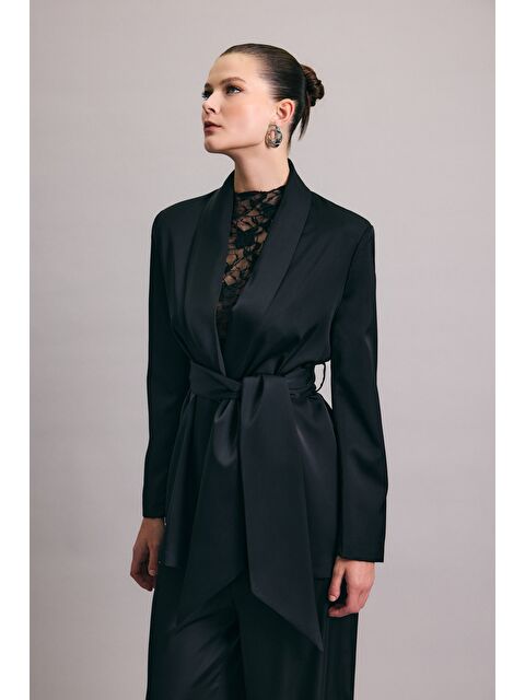 SATEEN Kuşaklı Saten Ceket - Siyah - S000506908-19351