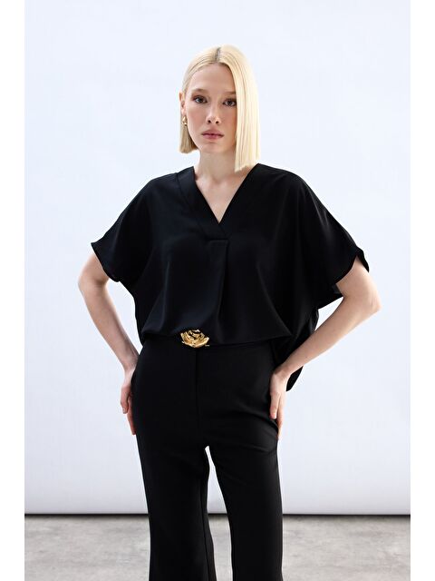 SATEEN Geniş Kısa Kollu Bluz - Siyah - S000497779-19351