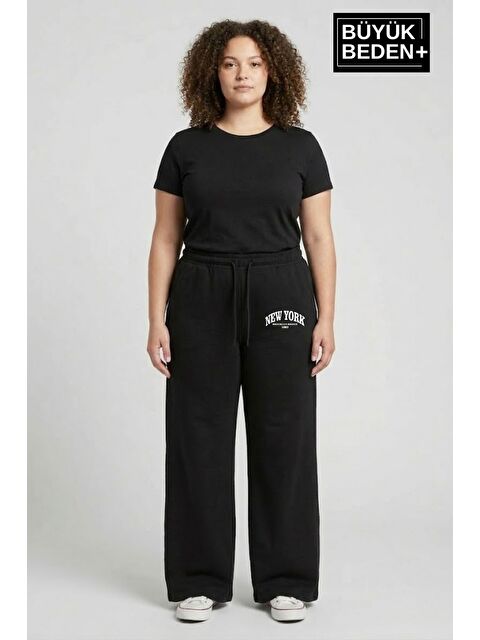 Süperlife Kadın Büyük Beden Bol Paça Yüksek Bel Lastikli NewYork Baskılı Eşofman Altı SPR26BEA988-5