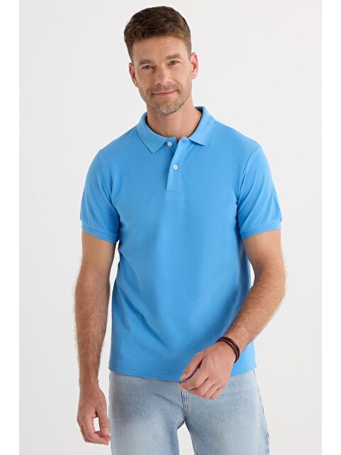 TUDORS Erkek Slim Fit Dar Kesim Pamuklu Yumuşak Dokulu Serin Tutan Kumaş Düz Pike Mavi Polo Yaka Tişört - S000494367-17234