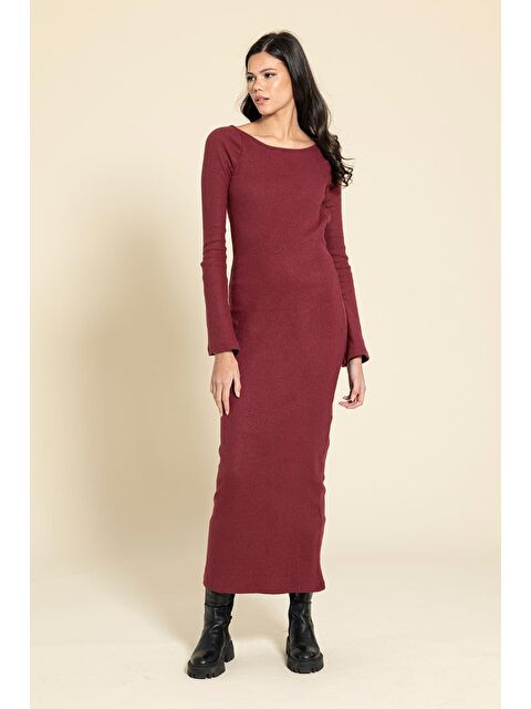 For You Moda Sırt Dekolteli Uzun Bordo Elbise - S000333525-19951