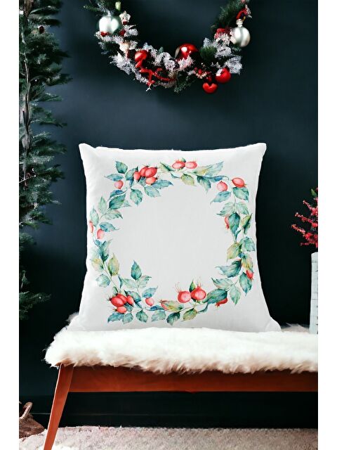 Asdiva Yılbaşı Temalı Kuşburnu Çelenk Desenli Kırlent Kılıfı Beyaz -43x43 - S000465344-37535