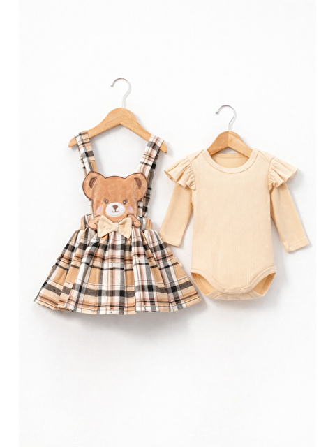 Verona Tarz Kız Bebek 2li Badili Etekli Salopet Takımı Uzun Kollu Ayıcık Detaylı Yeni Sezon Pamuklu Bayramlık - S000508591-19927