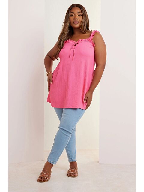 Stil Diva Büyük Beden Geniş Yaka Fırfır Askılı Kol Önü Bağlamalı Bluz 322689 - S000434689-20024