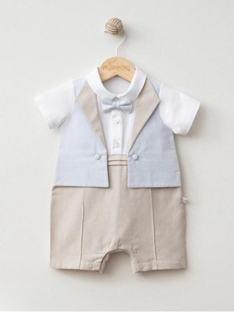 miomini Gömlek Yaka Papyonlu Yelek Detaylı Erkek Bebek Kısa Tulum