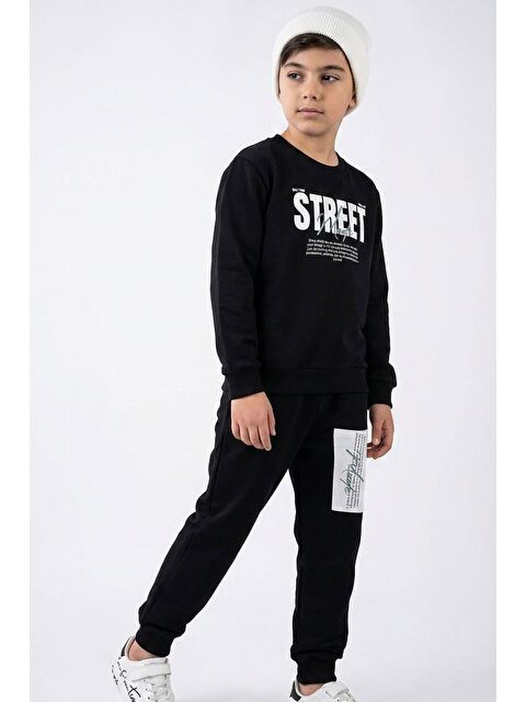 Breeze Erkek Çocuk Eşofman Takımı Yazı Baskılı Pantolonu Parça Detaylı Siyah (5-10 Yaş)