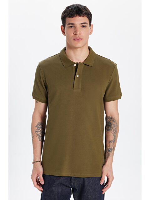 TUDORS Erkek Slim Fit Dar Kesim %100 Pamuk Haki Polo Yaka Tişört