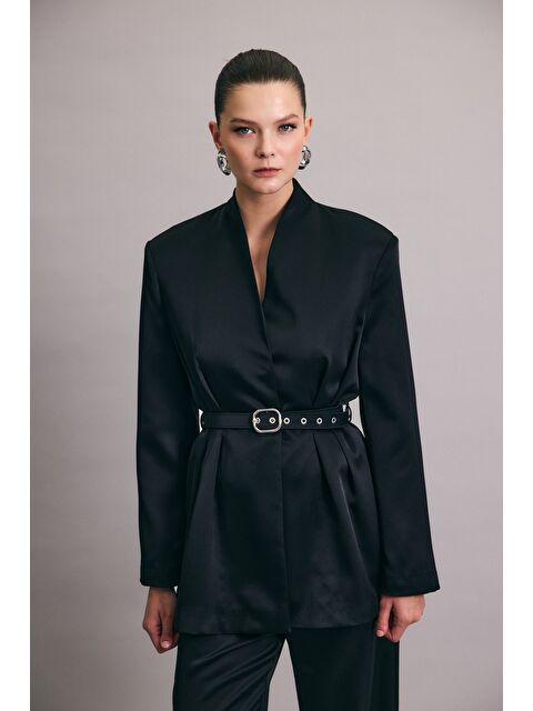 SATEEN Lisa Kemerli Saten Ceket - Siyah - S000503930-19351