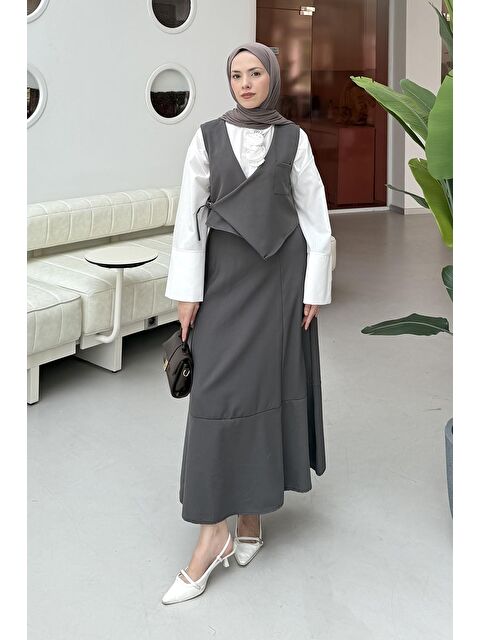 Lamelif Crop Yelek-Etekli İkili Takım Antrasit - S000515414-29666