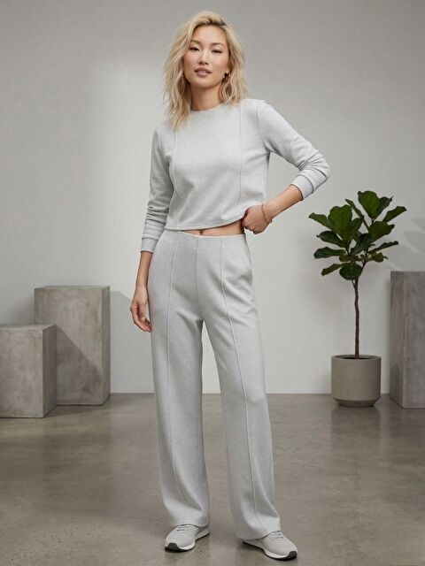 Trendseninle Gri Fitilli Örme Bel Boyu Bluz Terletmeyen Premium Pantolon Takım