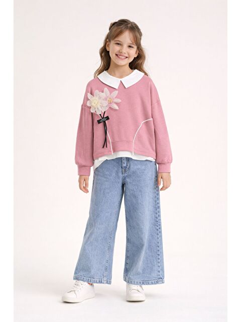 Cansın Mini Pembe Çiçek Detaylı Badili Gömlekli Kız Çocuk 3lü Alt Üst Takım 23530 - S000502532-20024