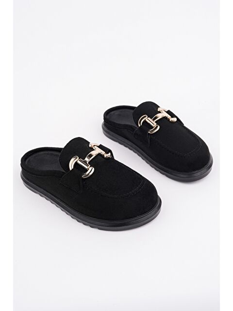 Muggo CARLEEN Süet Deri Gold Tokalı Günlük Rahat Önü Kapalı Kadın Loafer Terlik