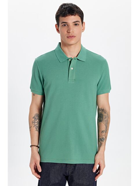 TUDORS Erkek Slim Fit Dar Kesim %100 Pamuk Yeşil Polo Yaka Tişört