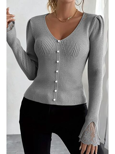 Gülseli Kol Güpür Detaylı V Yaka Triko Bluz - S000445952-20600