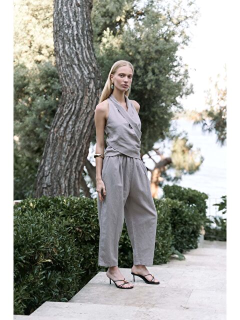 Bohemai Struana Kruvaze Gri Crop Pantolon Takım - S000512126-20600