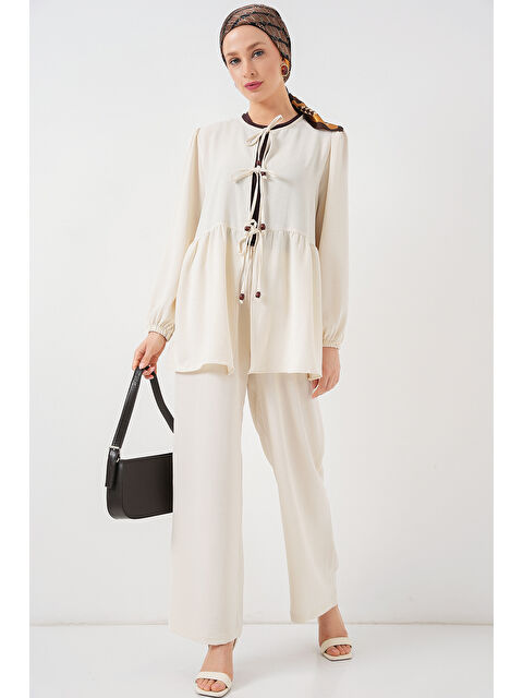 Bigdart Kadın Önü Bağcıklı Tunik Pantolon İkili Takım 6744 - Ekru - S000407441-19965