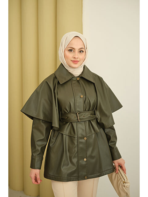 Locco Moda Kadın Pelerin Detay Kemerli Deri Trenç Haki Yeşil - S000494484-18547