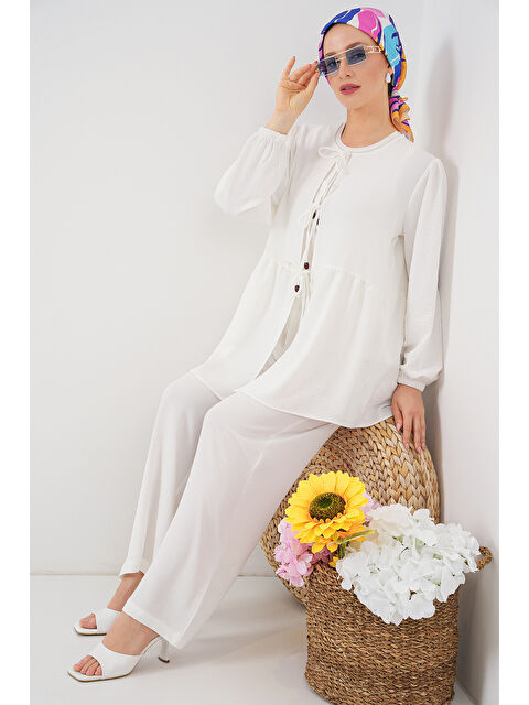 Bigdart Kadın Önü Bağcıklı Tunik Pantolon İkili Takım 6744 - Beyaz - S000407441-20063
