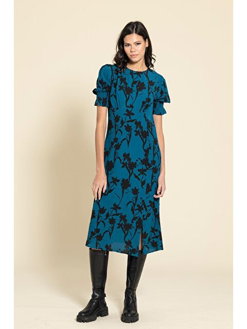 For You Moda Kol Büzgülü Yırtmaçlı Çiçekli Saks Elbise - S000333530-23710