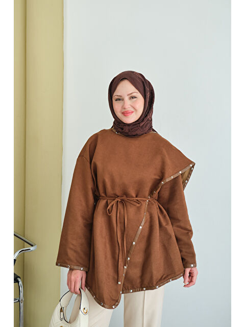 Locco Moda Kadın Dikişleri Deri Detay Ceket Taba - S000494374-14955