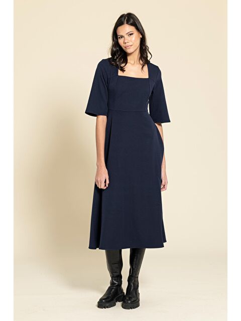 For You Moda Kare Yaka Kuşaklı Lacivert Elbise - S000333531-21164