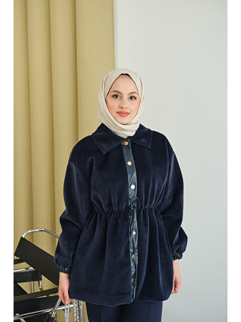 Locco Moda Kadın Beli Ayarlanabilir Gömlek Yaka Angora Ceket Lacivert - S000494373-21164