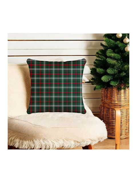 Asdiva Yılbaşı Temalı Ekose Desenli Yeşil Kırmızı Beyaz Dekoratif  Kırlent Kılıfı - Yeşil 43x43 - S000465344-96