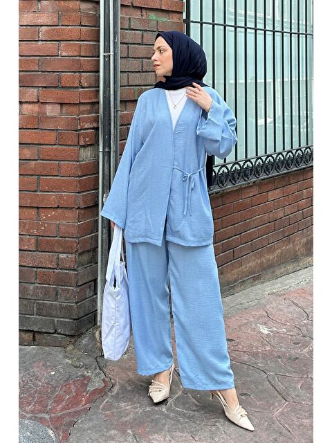 Lamelif Bağlama Detaylı Kimono Tesettür Takım Mavi - S000515362-17234