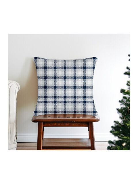 Asdiva Yılbaşı Temalı  Lacivert Beyaz Ekose Desenli Dekoratif  Kırlent Kılıfı - Lacivert 43x43 - S000465344-37504