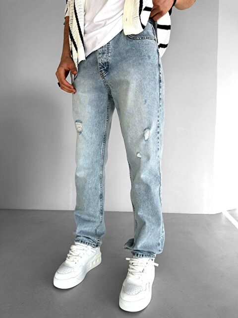 Abluka Online Erkek Baggy Fit Distressed Jean Pantolon Açık Mavi - S000240507-17437