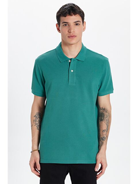 TUDORS Erkek Slim Fit Dar Kesim %100 Pamuk Yeşil Polo Yaka Tişört