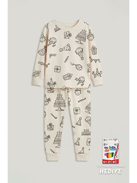 ZUZUNGA Boyanabilir Doğum Günü Temalı Çocuk Pijama Takımı – Yıkanabilir 12-Li Kalem Hediyeli - S000531109-5375