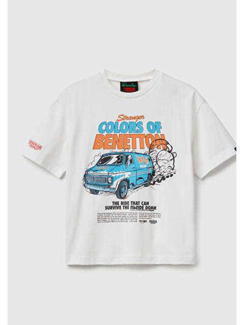 United Colors Of Benetton Erkek Çocuk Beyaz %100 Pamuk Stranger Things Ön Baskılı Kısa Kollu T-Shirt - S000517327-20063