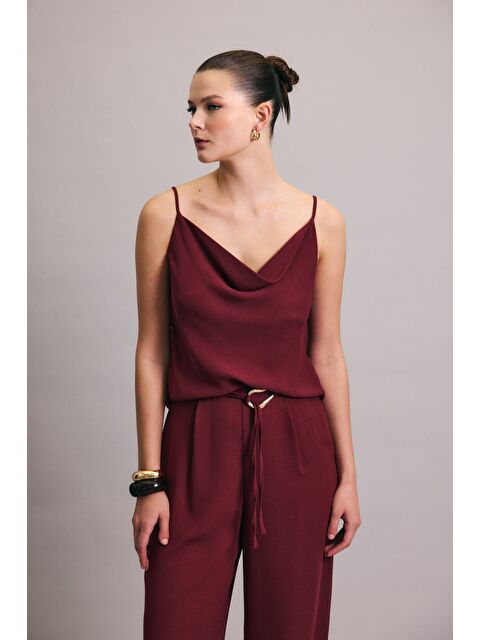 SATEEN Degaje Yaka Dökümlü Bluz - Mürdüm - S000389156-20036