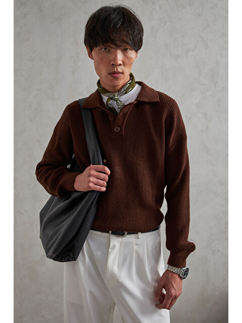 HYMAN Erkek Yakası Düğmeli Oversize Kazak - S000515415-19413