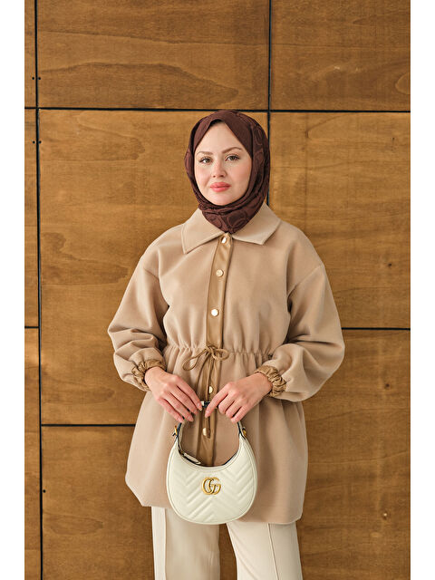 Locco Moda Kadın Beli Ayarlanabilir Gömlek Yaka Angora Ceket Vizon - S000494373-26429