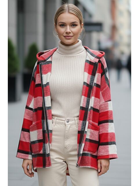 Chiccy İtalyan Kırmızı Kapüşonlu Uzun Kol Ekose Fermuarlı Cepli Casual Yün Oversize Dokuma Ceket 75 80 - S000486853-20045