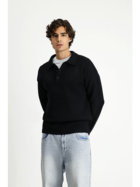 Kiğılı Polo Yaka Oversize Ekstra Rahat Kesim Desenli Triko Kazak - S000494099-19351