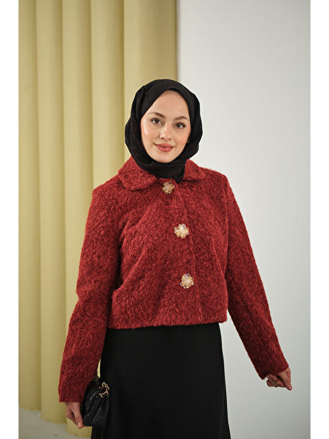 Locco Moda Kadın Çiçek Düğmeli Keçe Kısa Ceket Bordo - S000494375-19951