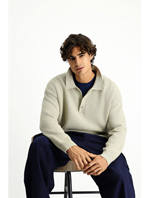 Kiğılı Polo Yaka Oversize Ekstra Rahat Kesim Desenli Triko Kazak - S000494099-25636