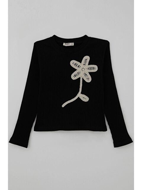 Breeze Kız Çocuk Uzun Kollu Tişört Örgü Çiçek Aplikeli Siyah (6-12 Yaş)
