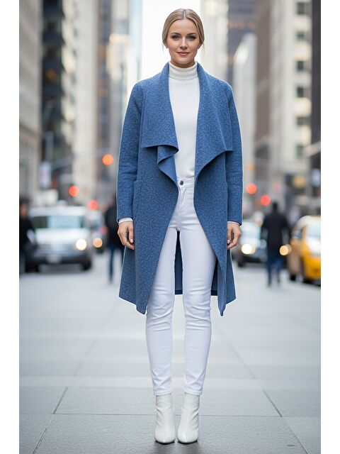 Chiccy İtalyan Mavi Şal Yaka Uzun Kol Cepli İnce Kırçıllı Casual Kaşe Oversize Dokuma Ceket 105 65 - S000486856-17234