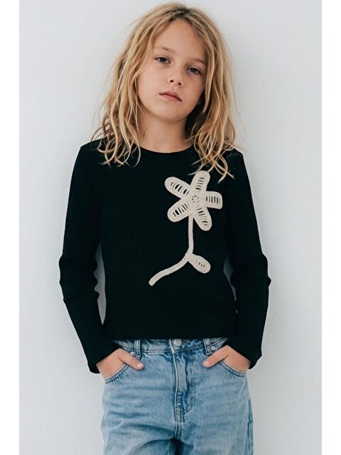 Breeze Kız Çocuk Uzun Kollu Tişört Örgü Çiçek Aplikeli Siyah (6-12 Yaş)