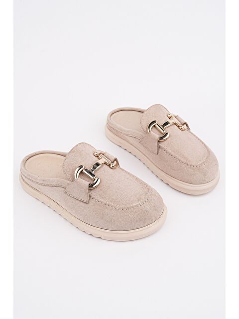 Muggo CARLEEN Süet Deri Gold Tokalı Günlük Rahat Önü Kapalı Kadın Loafer Terlik