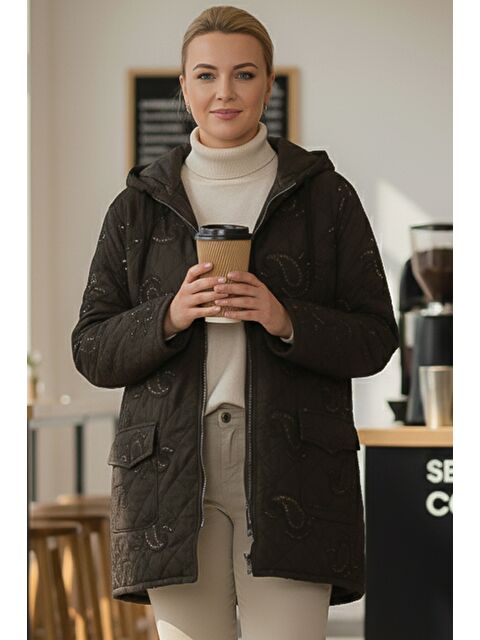 Chiccy İtalyan Kahverengi Kapüşonlu Uzun Kol Fermuarlı Pul Payetli Allover Nakışlı Dokuma Ceket 75 65 - S000486858-19413