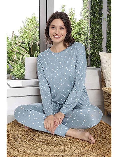 Remsa Kadın Renkli Puantiye Desen Uzun Kol Pijama Takımı 240929 Mavi01 - S000464665-17437
