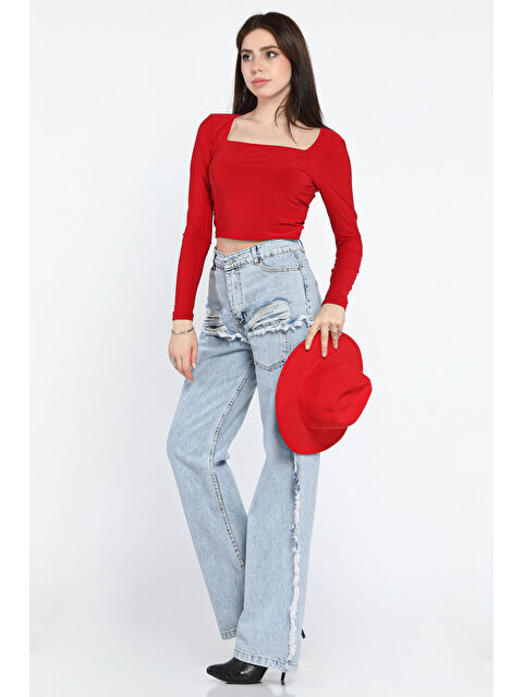 Gülseli Püsküllü Tarz Kadın Bol Paça Jean Pantolon - S000352232-3642