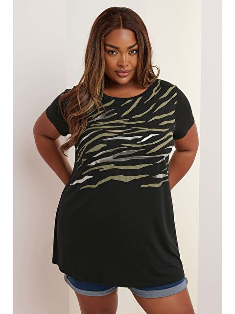 Stil Diva Büyük Beden Kısa Kollu Bisiklet Yaka Metalik Baskılı T-shirt 304149 - S000427387-19351